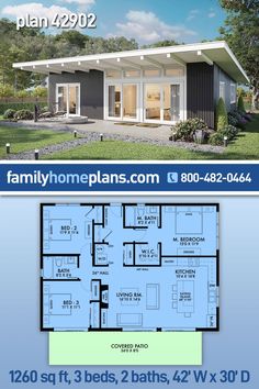 the floor plan for a modern house with two bedroom and one bathroom, is shown