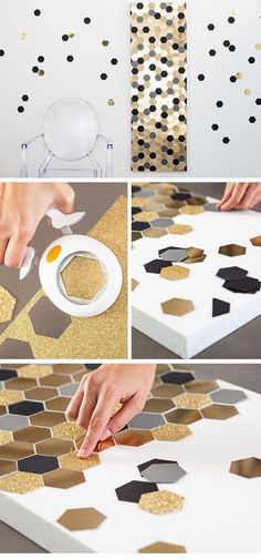 gold and black polka dot stencils are being used to make this diy wall art
