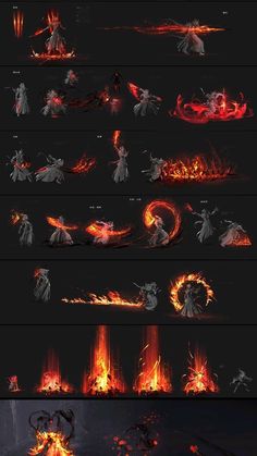 some different types of fire and flames on a black background