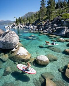 two people on surfboards in the water near some rocks and trees, with one person riding a paddle board