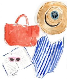 a drawing of a hat, sunglasses, and handbag on top of a table