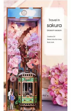 an advertisement for a travel in saukra with a green train and pink flowers