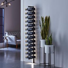 a tall wine rack next to a plant in a living room with white walls and flooring