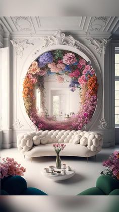 a white couch sitting in front of a mirror filled with flowers on top of it