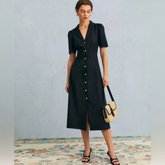 Nwt. Not Petite Friendly. Runs Small In The Chest. Best For A B-Cup Or Smaller. Puff Sleeve Design, Puff Sleeve Midi Dress, Tailored Clothes, Black Dress With Sleeves, Work Dresses, V Neck Midi Dress, Midi Short Sleeve Dress, Vintage Style Dresses, Style Office