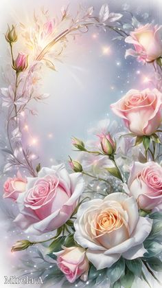 an artistic painting of pink roses in a floral frame with stars and sparkles around it