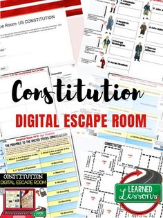 a group of posters with the words,'constitution digital escape room'and an image of