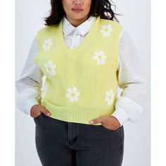 Just Polly Ticks All The Boxes With This Cute Plus Size Sweater Vest Designed With A Daisy Print And Finished With Ribbed Edges. Approx. 21" Long V-Neck Ribbed Edges Woman Owned Acrylic Machine Washable Imported Plus Size Sweater Vest, Daisy Sweater, Cute Plus Size, Plus Size Sweater, Grey Vest, Vest Designs, Reversible Vest, Columbia Fleece, Wool Vest