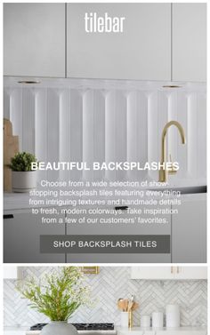 a kitchen with white cabinets and marble countertops in the background is an advertisement for tilebar