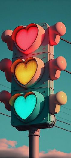 a traffic light with two hearts on it's red and green lights, against a blue sky