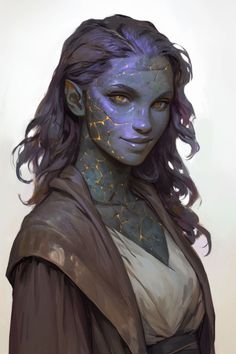 a woman with purple hair and blue skin is dressed in star wars makeup, as if she's from the force awake