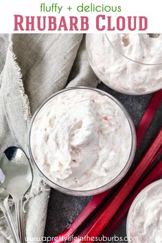 two bowls filled with whipped cream next to red chopsticks and a spoon on the side