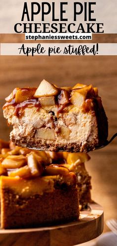 two pieces of apple pie cheesecake are stacked on top of each other with the rest of the cake in the background