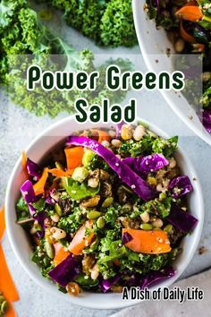 two white bowls filled with salad next to carrots and broccoli