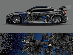 a car with flowers on the front and back sides, painted in black and blue
