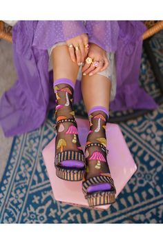 We don&39t want to brag, but these are the cutest mushrooms you&39ll ever wear on your feet. Channel your inner boho queen and add a dash of whimsy to your look with our mushroom socks, set against a black sheer fabric for a mysterious vibe.brbrOne Size. Recommended fit US W5.5-10. 200 Needle Count.brbrFunky yet elegant - no silly or childish patternsbrPremium quality - durably made with comfortable stretchbrUnique - the perfect accessory to add individuality to your outfits Whimsical Fashion Style, Cool Socks Outfit, Sock Candy, Funky Formal, Mushroom Fashion, Mushroom Socks, Black Sheer Fabric, Kitsch Fashion, Funky Clothing