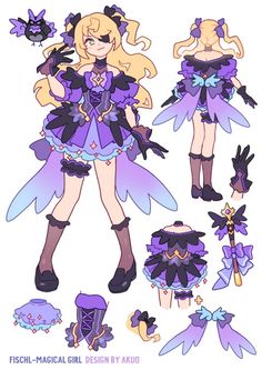 the paper doll is dressed in purple and has black wings, boots, and headbands