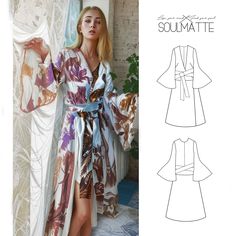 🌸✨ Unleash your inner bohemian goddess with Soulmatte's exquisite printable sewing pattern! Introducing our Wide Sleeves Robe--a perfect blend of hippie chic and summer vibes, designed for the free-spirited woman who loves to embrace comfort and style. 🌞 Dive into the world of peignoir couture with our unique pattern, featuring wide sleeves that flow like a gentle breeze and a flattering V neckline design. Whether you're lounging by the pool or strolling through a summer festival, this long ro Couture, Beach Robe Pattern, Loungewear Sewing Patterns, Robe Pattern Free Sewing, Witchy Sewing, Kimono Robe Sewing Pattern, Kimono Pattern Free, Long Dress Sewing Patterns, Robe Sewing Pattern