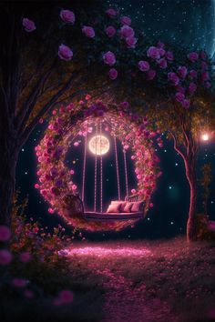 a swing bed in the middle of a tree with pink flowers on it and a full moon