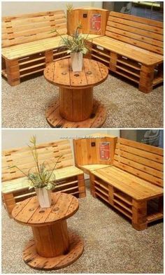 two pictures of wooden benches with planters on the top and bottom one is made out of pallets