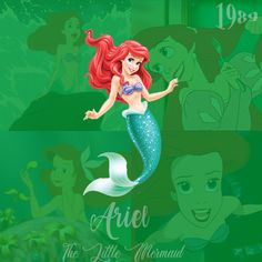 ariel the little mermaid from disney's animated movie is featured in this green background