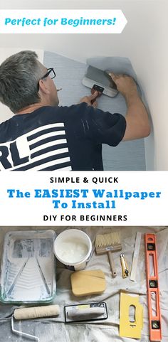 an image of a man using the wallpaper to install walls and trim it with tools