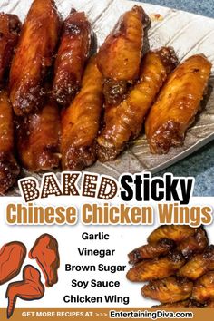 an advertisement for baked sticky chinese chicken wings