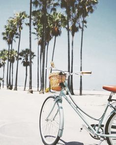 a blue bicycle parked on the beach with palm trees in the backgrounge