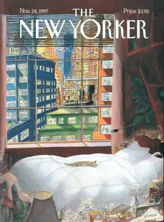 the new yorker magazine cover shows a bed in front of a window