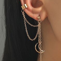 Super Cute Moon And Star Gold Drop Earring With A Gold Ear Cuff Chain! 1pc Earring For Mismatched Styling! Ear Cuffs, Ear Cuff Chain, Inexpensive Jewelry, Pretty Jewelry Necklaces, Gold Ear Cuff, Ear Cuff Earings, Fancy Jewellery, Fancy Jewelry, Fantasy Jewelry