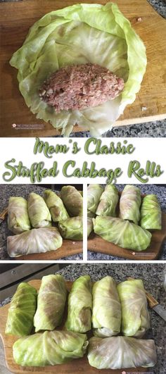 lettuce wrapped in meat and sitting on a cutting board with the words men's classic stuffed cabbage rolls