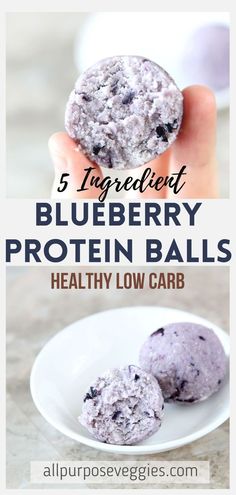 blueberry protein balls on a plate with text overlay that reads 5 ingredient blueberry protein balls healthy low carb