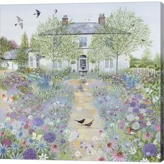 a painting of a house and garden with birds flying around