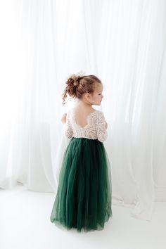 "This dress is just beautiful! It includes a delicate white lace bodice with a hunter green colored skirt. The V Back with unfinished lace adds the perfect amount of boho chic look to this amazing dress. The lace sleeves are finished with the perfect amount of detail. It also includes a triple flower sash that is removable. Perfect for your next special event. Nicolette's Couture is a family owned boutique based out of Dubuque, Iowa. When creating looks, comfort is our main priority...regardless Green Flower Girl Dress, Hunter Green Bridesmaid Dress, Emerald Green Wedding Theme, Hunter Green Wedding, Green Flower Girl Dresses, Forest Green Wedding, Dark Green Wedding, Lace Flower Girl Dress, Look Boho Chic