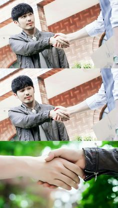 two pictures of one holding the other's hand and another showing him shaking hands