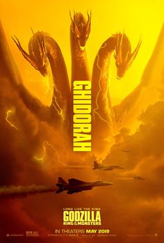 the godzilla movie poster is shown in yellow and orange colors, with an image of two giant