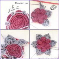 crocheted flowers are shown in four different pictures, including the center and bottom