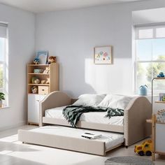 a child's bedroom with a day bed and toys