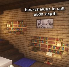 a room with bookshelves in it and some lights on the wall above them