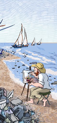 a man is painting on the beach with boats in the water and birds flying overhead