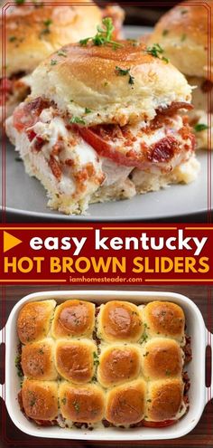 easy kentucky hot brown sliders with cheese and meat in the middle on a white plate