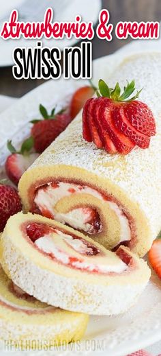 Strawberries and cream swiss roll on a plate with slices of cake and a sliced strawberry on top. Raspberry Swiss Roll Cake, Apple Swiss Roll, Swiss Cake Roll Cake, Desert Rolls Recipe, Strawberry Jam Roll Cake, Strawberry Cheesecake Roll Cake, Softest Cake Roll, Swiss Roll Cakes Recipe, Raspberry Cake Roll Recipe