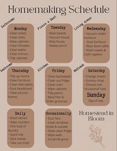 a brown and white poster with the words homemaking schedule