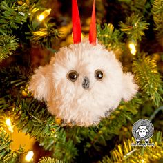 an owl ornament hanging from a christmas tree