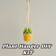 the plant hanger diy kit is hanging from a white rope with green plants in it