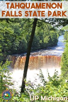 the falls state park sign is posted in front of some trees and water flowing over it