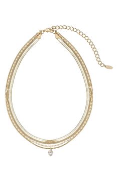 Instantly create a trend-right layered effect with this gold-plated multistrand necklace accented with a single sparkling stone. 16" longest strand length; 14" shortest strand length:5" extender 1/4" pendant diameter Lobster clasp closure 18k-gold plate/cubic zirconia Imported Gold Layering Necklaces, Closet Basics, Chains Gold, Necklace Stack, Layered Chain Necklace, Layered Chain, Layering Necklaces, Luxury Necklace, Layered Chains