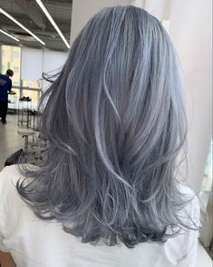 Blueish Silver Hair, Grey And Blue Hair Color, Platinum Blue Hair Silver, Light Purple Silver Hair, Blue And Grey Hair Color, Ash Blue Grey Hair Color, Dusty Grey Hair, Blueish Grey Hair, Bluish Silver Hair