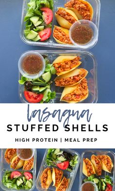 three plastic containers filled with food and the words lasagna stuffed shells above them