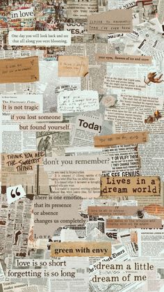 a collage of newspaper paper with words on it